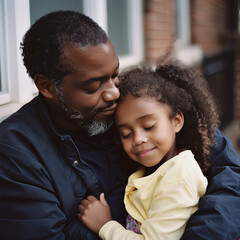 black african american father and child, dad and daughter bonding. Father and daughter cuddling. Father's day concept
