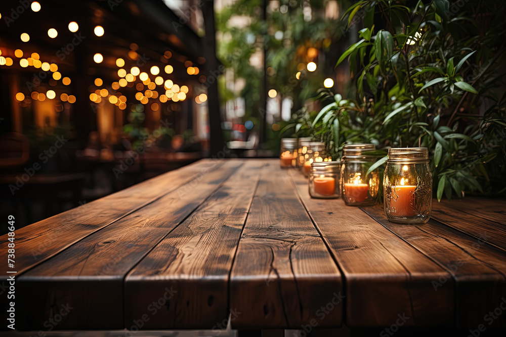 Poster wooden table is adorned with multiple mason jars, each filled with flickering candle. cozy and rusti