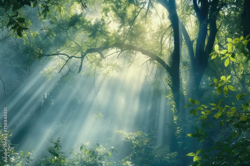 Poster a dense forest with sunlight streaming through the branches.