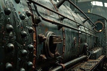 A detailed view of an old steam engine train
