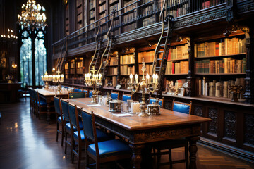 Long wooden table surrounded by numerous bookshelves in library setting. Table is filled with books, papers, and reading materials, suggesting place for study and research