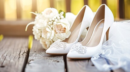 a pair of white shoes and a bouquet of flowers