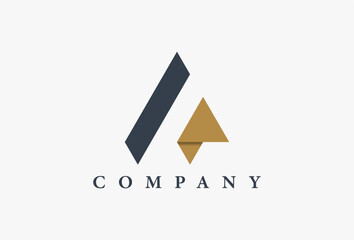 Black and gold Triangle with arrow Vector Logo template. Modern Minimal Design usable for Corporate Business brand Identity that Related with Triangle, arrow, tech, multimedia, application, digital - obrazy, fototapety, plakaty