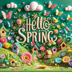 3D Hello Spring with Blooming Flowers and Butterflies