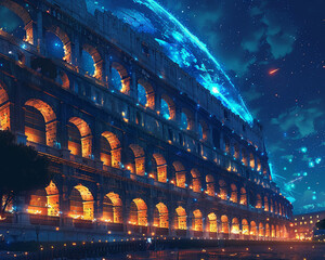 Futuristic high tech arena inside the ancient Colosseum surrounded by night showcasing vibrant energy battles