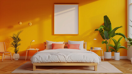 Stylish Modern Bedroom with Bright Yellow Walls and Cozy Decor with blank frame space for text, copy space