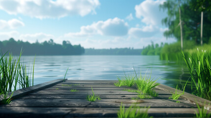 Tranquil Lakeside Jetty with Lush Greenery on a Sunny Summer Day