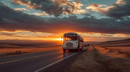 a bus driving on a road with a sunset in the background