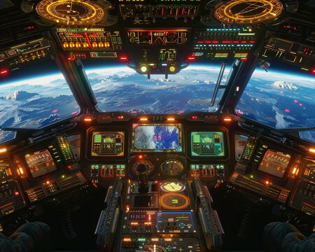 Spaceship cockpit with steampunk levers and neon displays warping through spacetime with Earth in view - Powered by Adobe