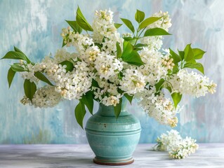 Beautiful arrangement of white spring blossoms in a green ceramic vase against a textured background.