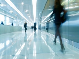 Blurred figures walk through a brightly lit, modern corridor.