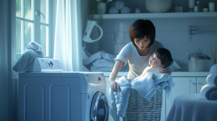 Animated Mother and Child Sharing a Moment During Laundry Time