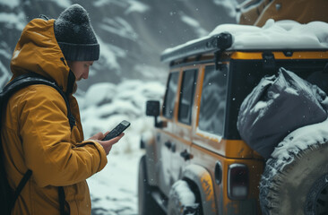 Man Checking Smartphone by Yellow SUV on Snowy Mountain Road