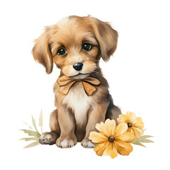 Heartwarming watercolor depiction showcasing a cute puppy amidst a bouquet of vibrant and delicate flowers.