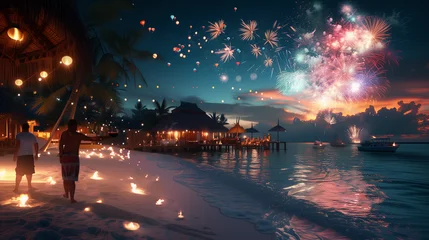 Foto op Plexiglas Tropical Beach Fireworks Celebration at Sunset © Viktorikus
