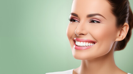 Fototapeta premium Portrait of a beautiful woman of model appearance who smiles and laughs widely on a green background, white perfect teeth