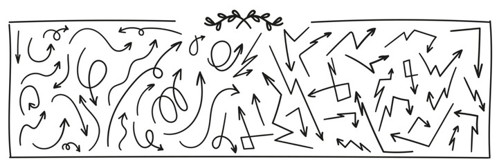 Hand drawn linear arrows set. Curved, polylines, angular shapes. Individual icons on a white background.