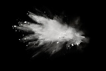 A black and white photograph capturing the explosion  a white powder in a straightforward in a dark...