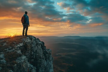 A man confidently stands on the edge of a cliff, overlooking a vast expanse of land and sky.