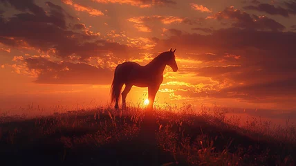 Foto op Aluminium  Silhouetted against a fiery sunset, a horse stands atop a hill. © Laiba Rana