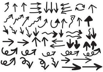 Hand drawn arrows set. Sketch arrow, curved scribble way pointed line and doodle round pointer vector set. Twisted and circular marker. Direction symbol, curly indicators pack on white backgroun