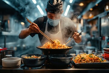 A man is seen in a kitchen using chopsticks to prepare food, possibly Japanese ramen. He is focused on the task at hand. - obrazy, fototapety, plakaty