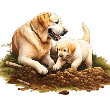 A mother Labrador Retriever and her puppy can capture the essence of this beloved breed's friendly nature, Mom and baby animals, Dog portrait, Watercolor clipart, Transparent background PNG,