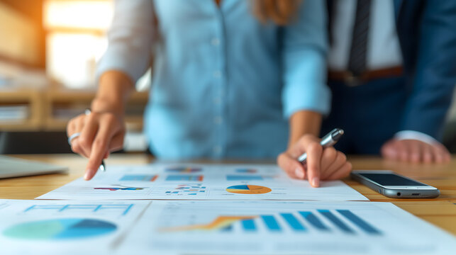 Deux personnes analysent des donn&eacute;es financi&egrave;res sur des graphiques et des diagrammes.