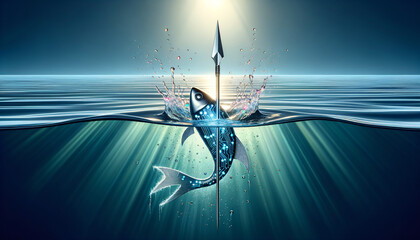Sleek silver spear piercing water with digital fish symbolizing cyber deception - obrazy, fototapety, plakaty