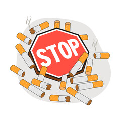 Quit smoking cigarettes cartoon. World No Tobacco Day. Let's destroy tobacco. Vector.