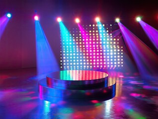 A holographic disco floor podium changing colors to the beat for new music album releases