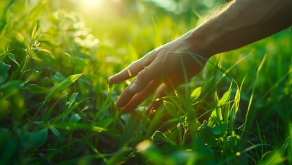 A hand moving through the green field in summer.