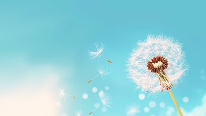 Naklejka premium Closeup dandelion floating on blue sky background with space for copy text.
