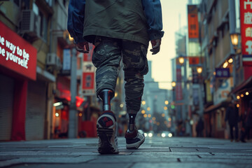 Adaptive Triumph: Confident Athlete with Prosthetic Legs Embracing the Streetscape Journey - obrazy, fototapety, plakaty