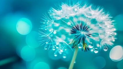 water drops on a dandelion flower macro on a blue color background with light bokeh.