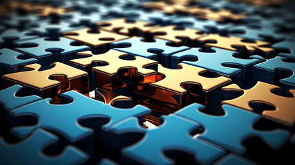 Fototapeta premium Colorful puzzle background on flat surface, scattered multi-color puzzle pieces