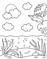River, river bottom, summer. Coloring page, black and white vector illustration.