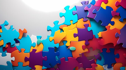 Colorful puzzle background on flat surface, scattered multi-color puzzle pieces