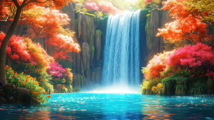 Fantasy waterfall with autumn trees and beautiful flowers, idyllic landscape