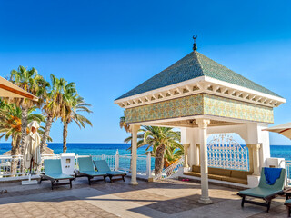 Pavilion with the sea in the background, Hammamet, Tunisia - 738853410