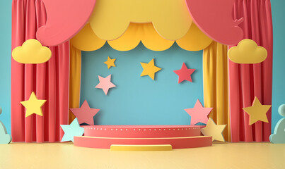 cute stage for kids performance. indoor podium with colorful pastel curtain and star. 
