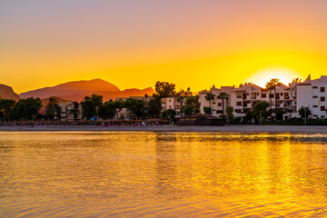 Sunset at Alcudia beach with palm trees and sun beds in Majorca, Spain Mediterranean Sea, Balearic...