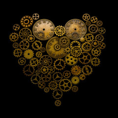 heart with steampunk cogs and wheels antique brass