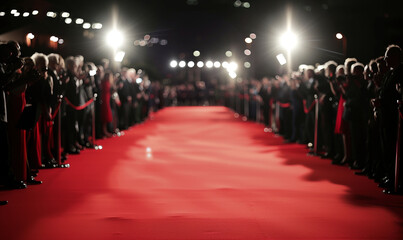 red carpet in a outdoor night with photographers on both side.  - obrazy, fototapety, plakaty