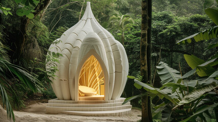 a tiny 3d printed house in a jungle inspired by bionic architecture and bone structure - Powered by Adobe