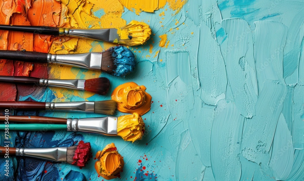 Poster canvas adorned with colorful brushes, offering ample space for adverts or art tutorials