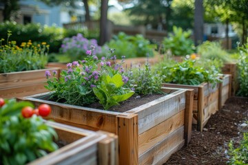 Fototapeta na wymiar Vibrant raised garden beds teeming with flourishing vegetables, highlighting the rewards of cultivating organic produce at home