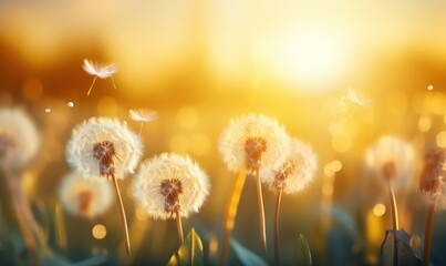 Dandelions in meadow at sunset