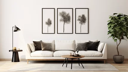 Fotobehang aesthetic sofa with brown living room wall generative ai © Wijaya