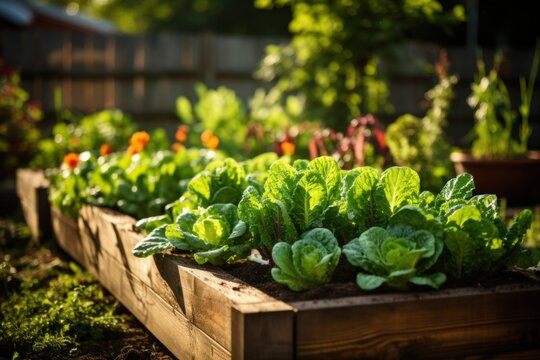 Lush raised beds bursting with vibrant homegrown vegetables, showcasing the beauty and bounty of organic gardening